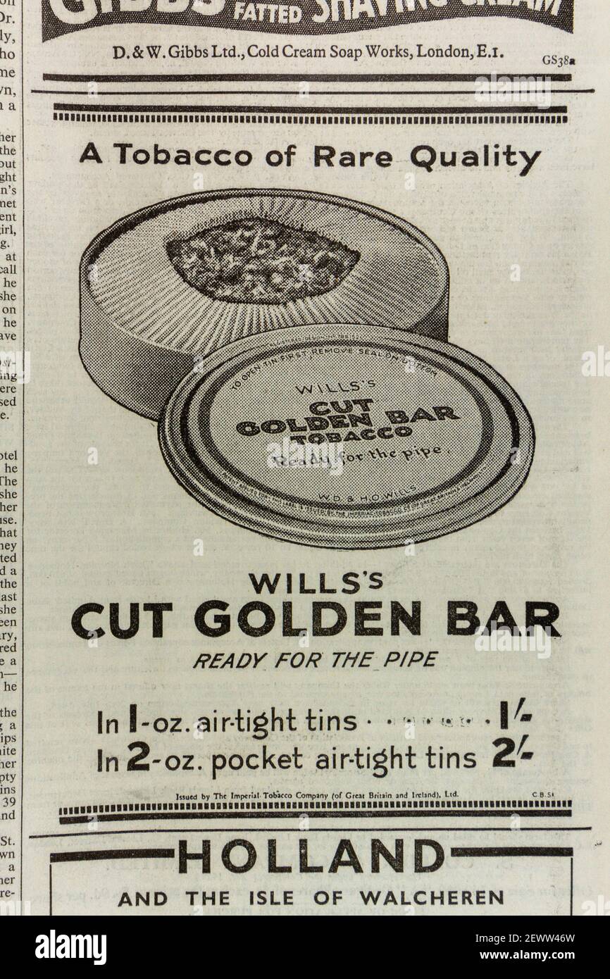 Advert for Wills's Cut Golden Bar tobacco in The Times newspaper, London, UK, Friday 24th May 1935. Stock Photo