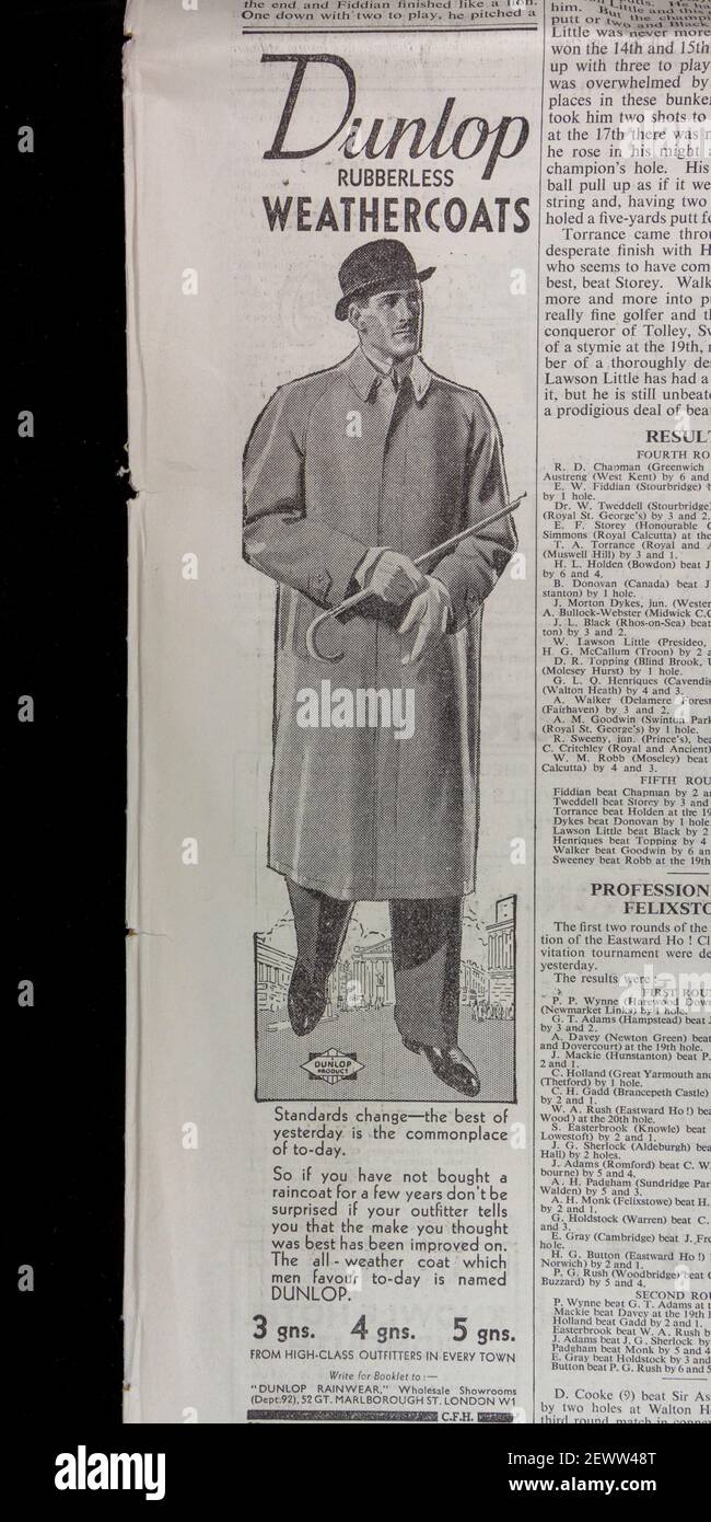 Advert for Dunlop rubberless weathercoats in The Times newspaper, London, UK, Friday 24th May 1935. Stock Photo