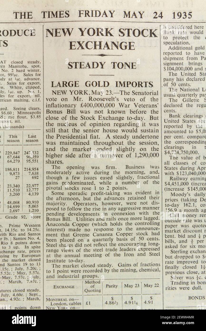 Report from the New York Stock Exchange (about gold imports) in The Times newspaper, London, UK, Friday 24th May 1935. Stock Photo
