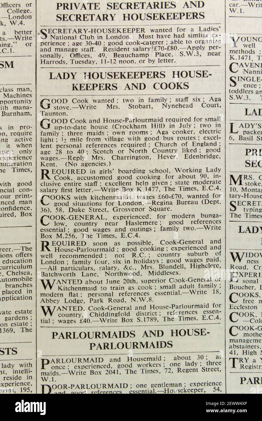 Job adverts for lady housekeepers and cooks in The Times newspaper, London, UK, Friday 24th May 1935. Stock Photo