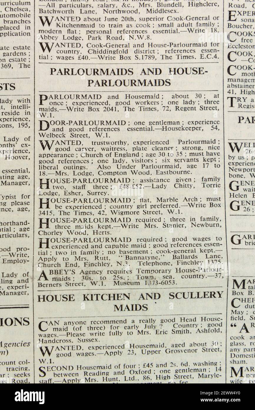 Job adverts for parlourmaids and house parlour-maids in The Times newspaper, London, UK, Friday 24th May 1935. Stock Photo