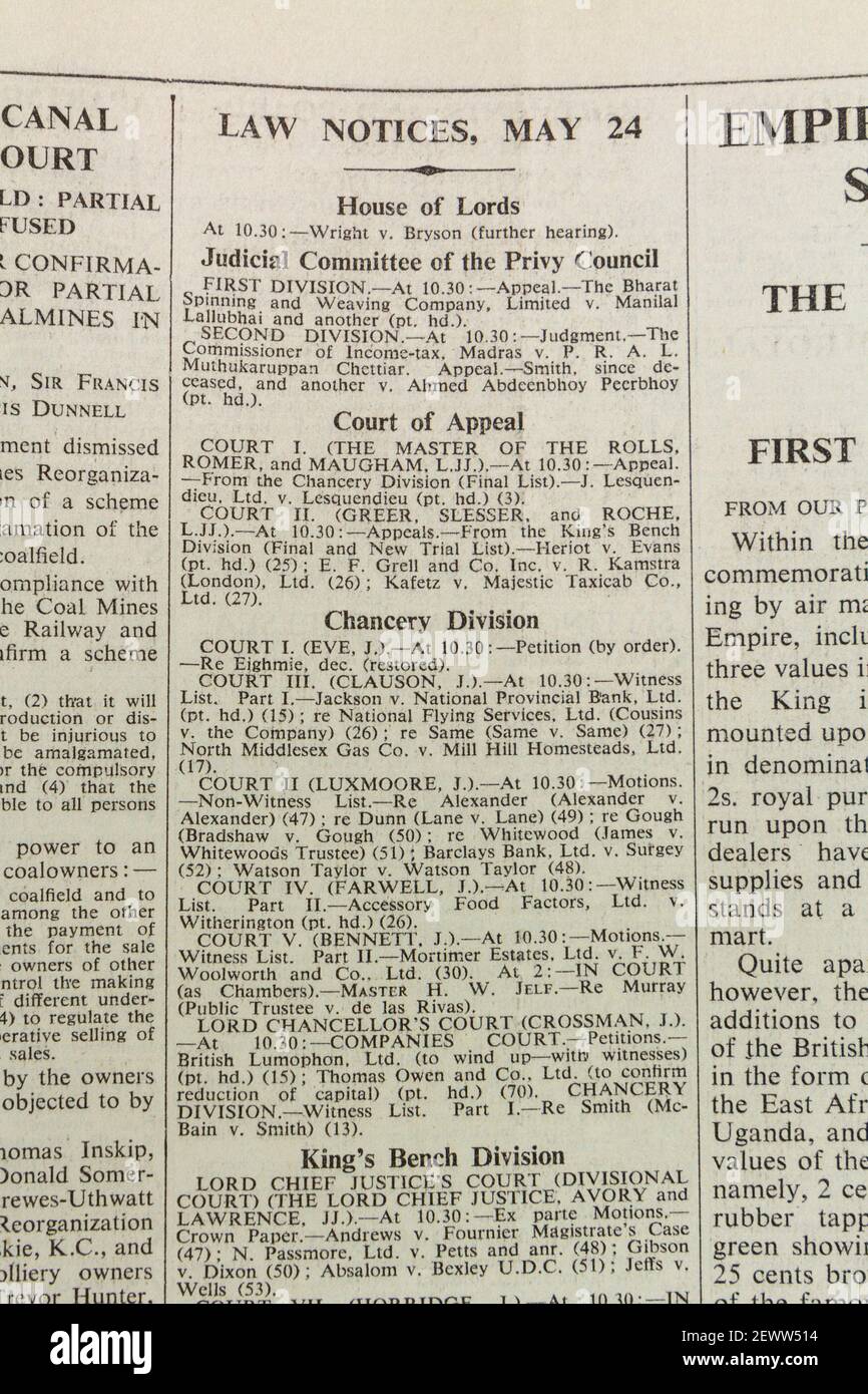 Law Notices from the House of Lords in The Times newspaper, London, UK, Friday 24th May 1935. Stock Photo