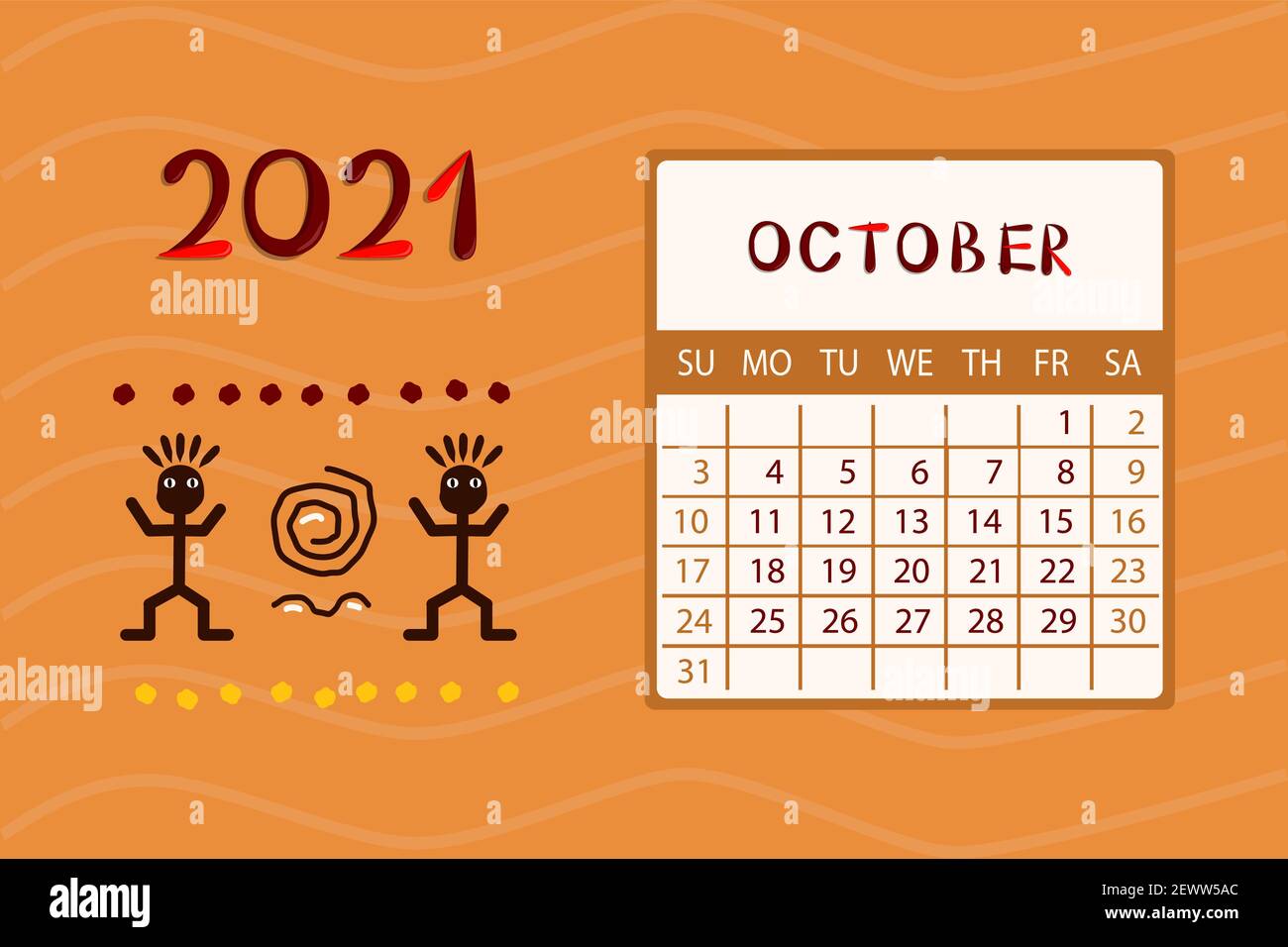 Calendar Africa for October 2021. Week starts on Sunday.Colorful design with ethnic pattern. Vector illustration. Stock Vector
