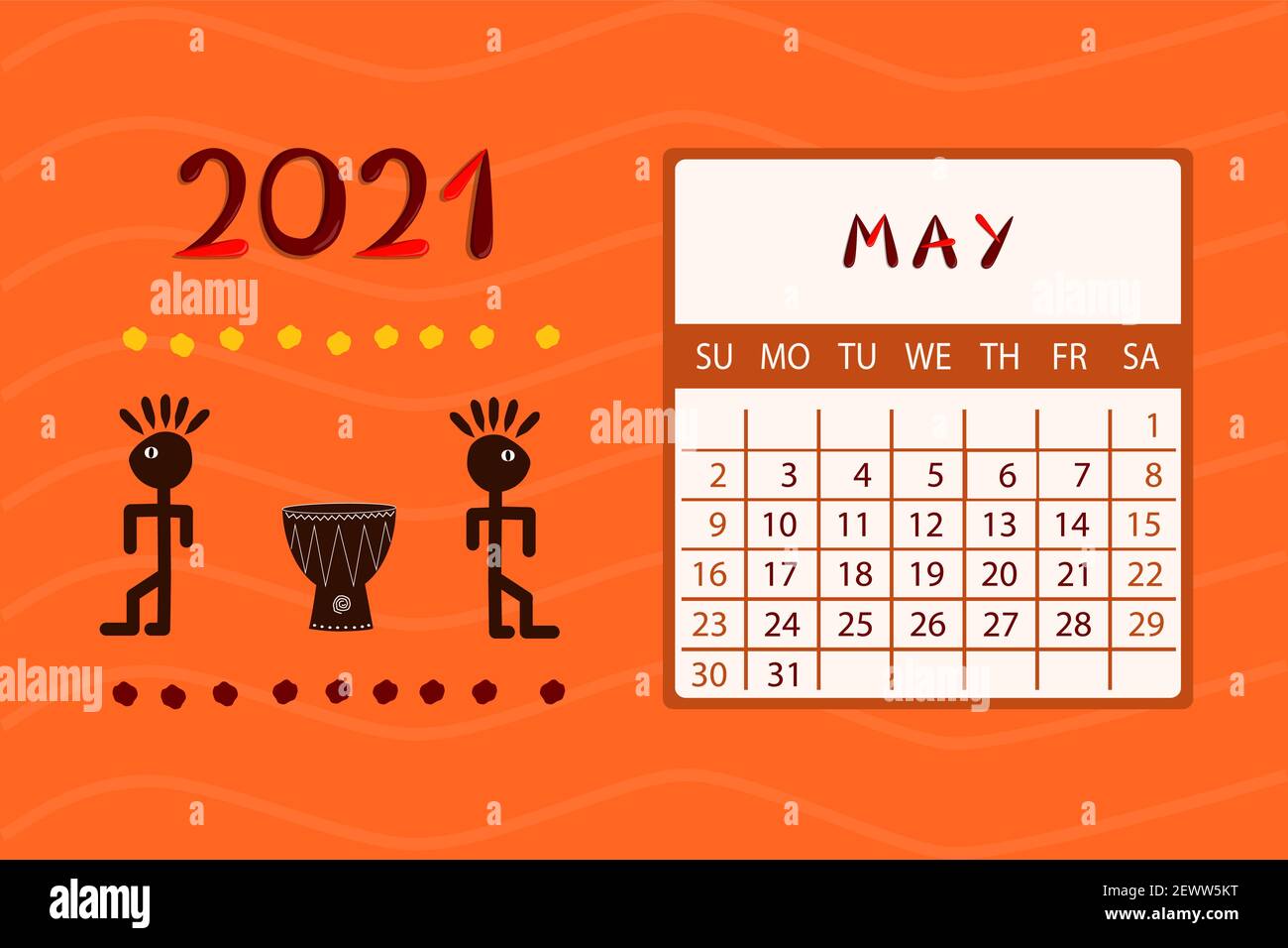 Calendar Africa for May 2021. Week starts on Sunday.Colorful design with ethnic pattern. Vector illustration. Stock Vector