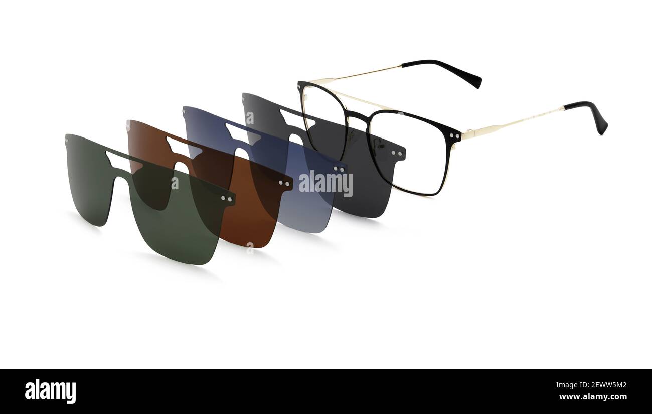 eyewear polarized clip on sunglasses with colored magnetic lenses isolated on white background Stock Photo