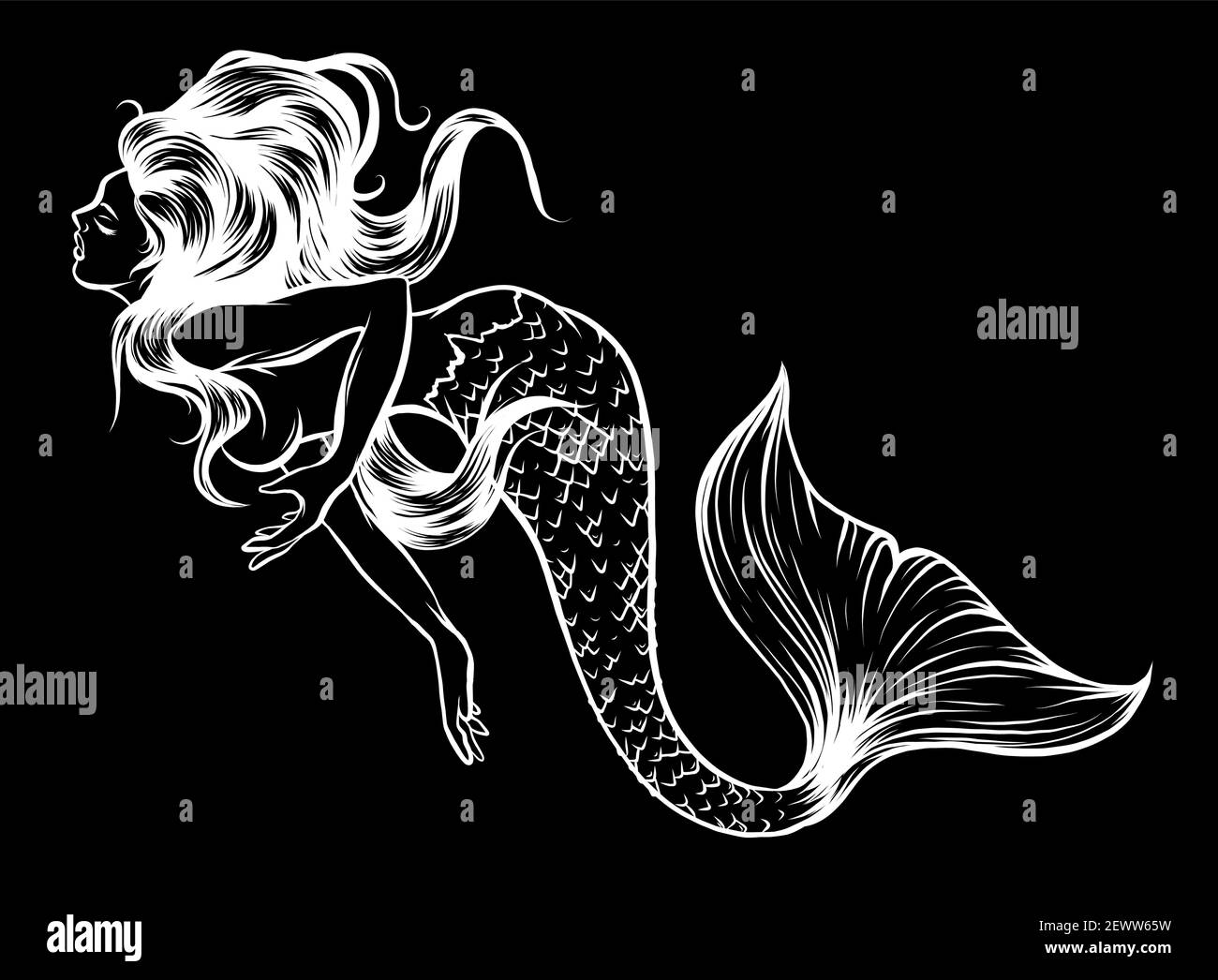 silhouette Beautiful mermaid with. Hand drawn illustration. vector Stock Vector