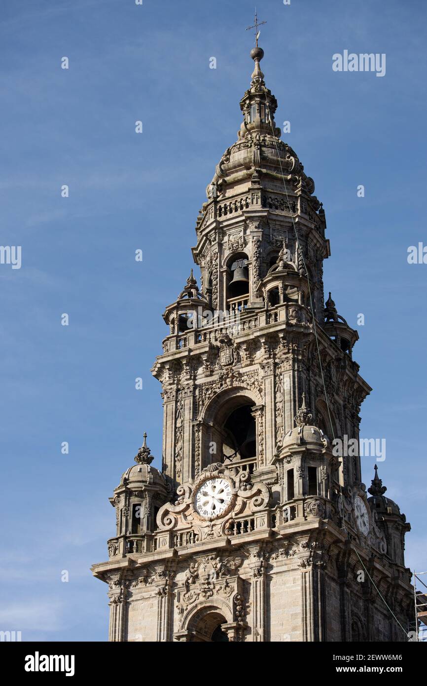 Berenguela or Clock tower of Santiago de Compostela cathedral on sunny day Stock Photo