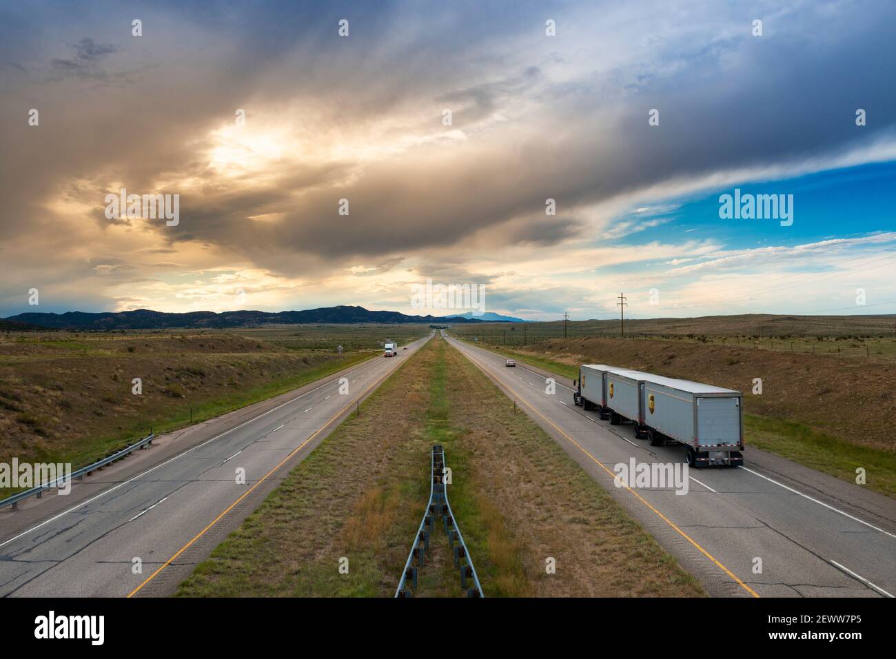 Colorado, USA - July 10, 2014: View of a semi truck at the I 25 interstate highway, in the State of Colorado, USA. Stock Photo
