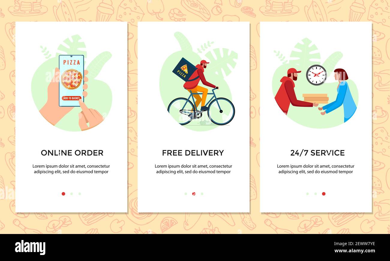 Order food online mobile app banner set. Chooses pizza on smartphone screen template. Express free bicycle delivery from pizzeria service concept. Product bike shipping vector illustration Stock Vector