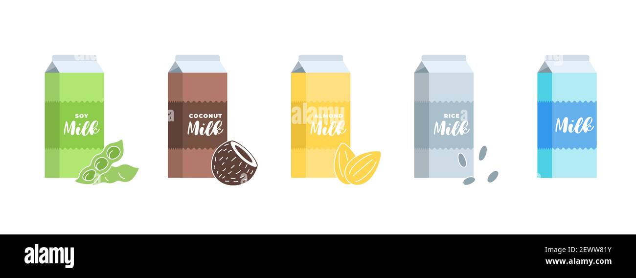Soy, almond, coconut, rice and cow milk cardboard box set. Carton packaging design element collection. Hand drawn healthy vegan lactose free drink. Isolated vector eps illustration Stock Vector