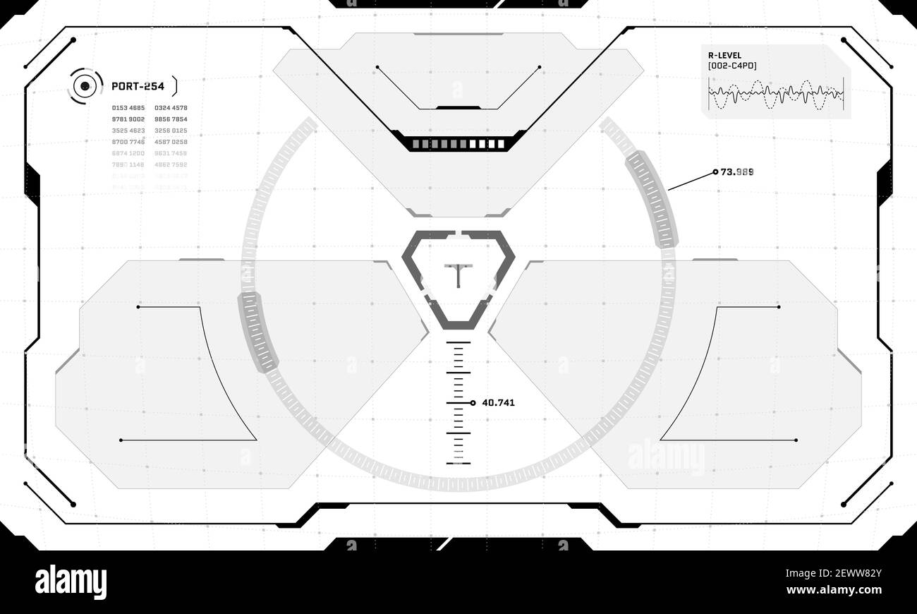 VR HUD interface cyberpunk screen black and white design. Futuristic sci-fi virtual reality view head up display visor. GUI UI digital technology dashboard panel vector eps illustration Stock Vector