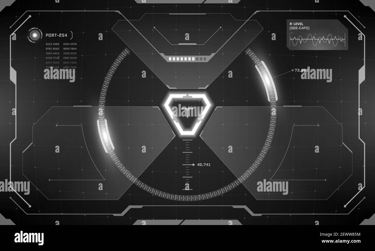 VR HUD futuristic interface cyberpunk control panel screen black design. Sci-fi virtual reality targeting simulator technology head up view display. Hi tech GUI UI digital glowing vector dashboard Stock Vector