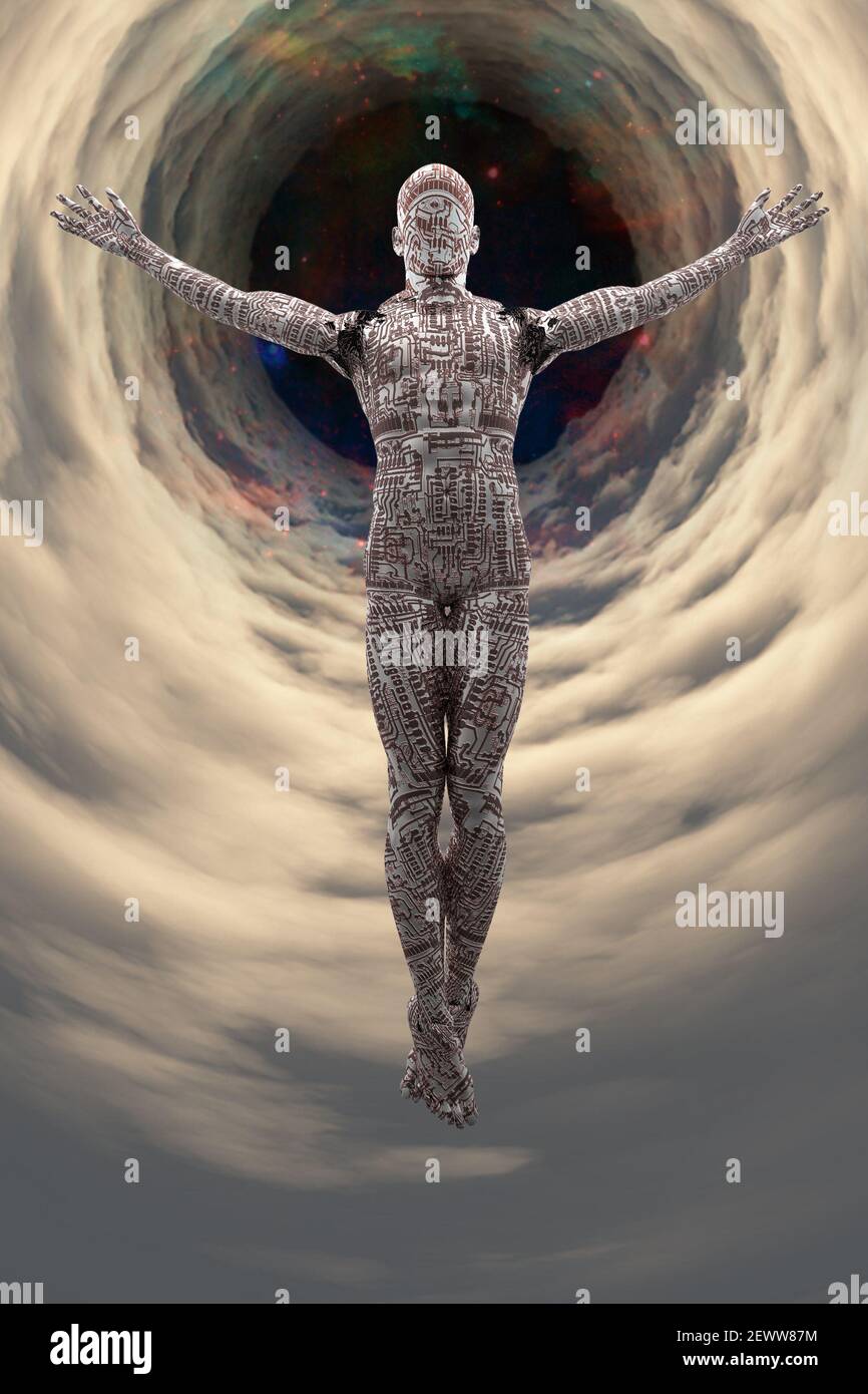 Droid ascension in vortex of clouds. Sci-fi and spiritual scene. 3D ...