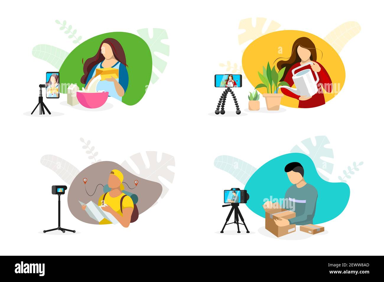 Bloggers making cooking and lifestyle houseplant care content on cameras with tripods. Unpacking and travel influencer vlogger channel set. Online streaming tutorial and review vector eps illustration Stock Vector