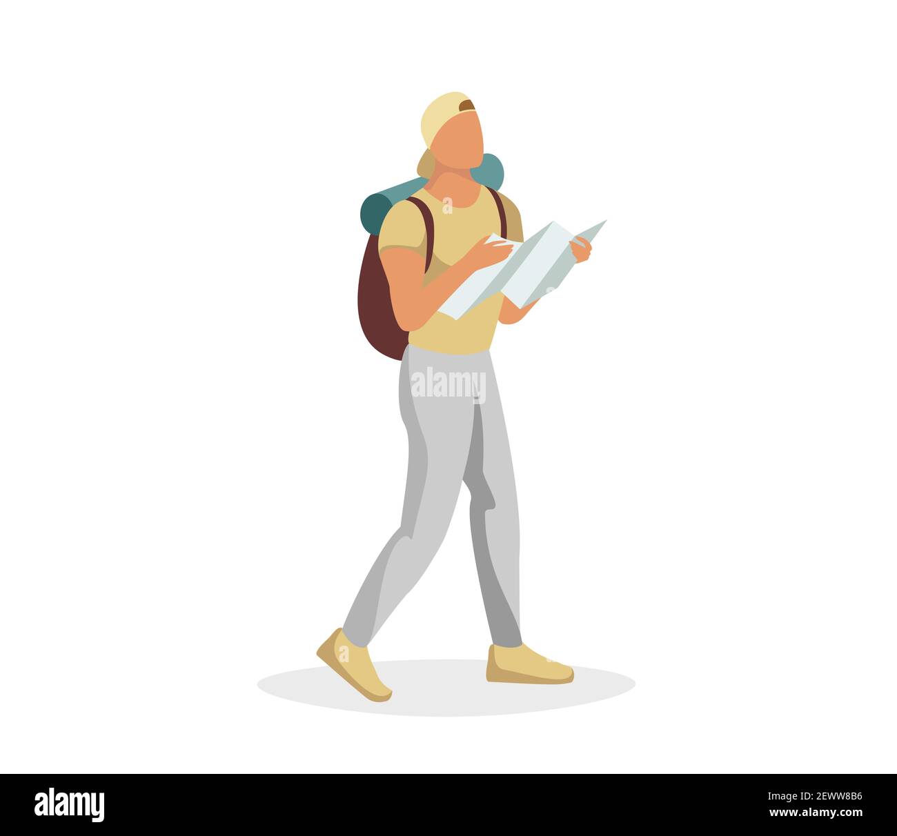 Tourist male character walking and holding map. Traveler man with backpack going hiking and looking route. Backpacker searching right direction. Travel vector isolated illustration Stock Vector