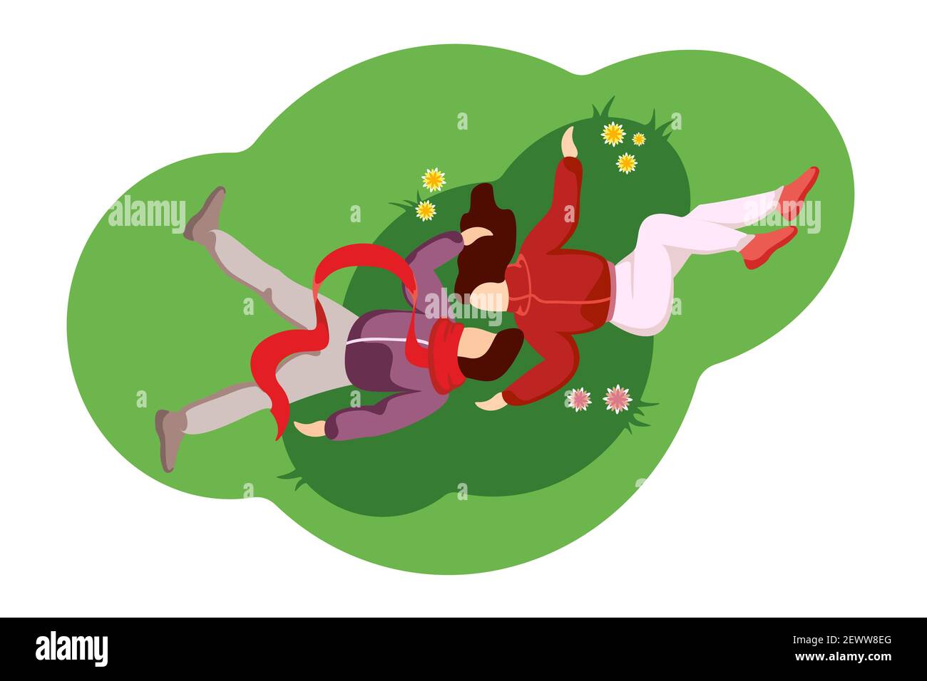 Guy kissing girl on grass top view. Young couple male and female in love lies and hugs tenderly. Man and woman gentle relationship relaxing outdoor on spring lawn. Spend time together illustration Stock Vector