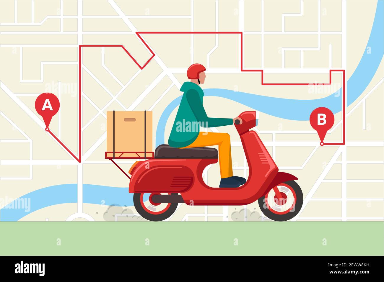 Delivery young male courier riding scooter with package product box. Fast moped shipping service concept on city map navigation route GPS pins. Express goods or food logistic order vector illustration Stock Vector