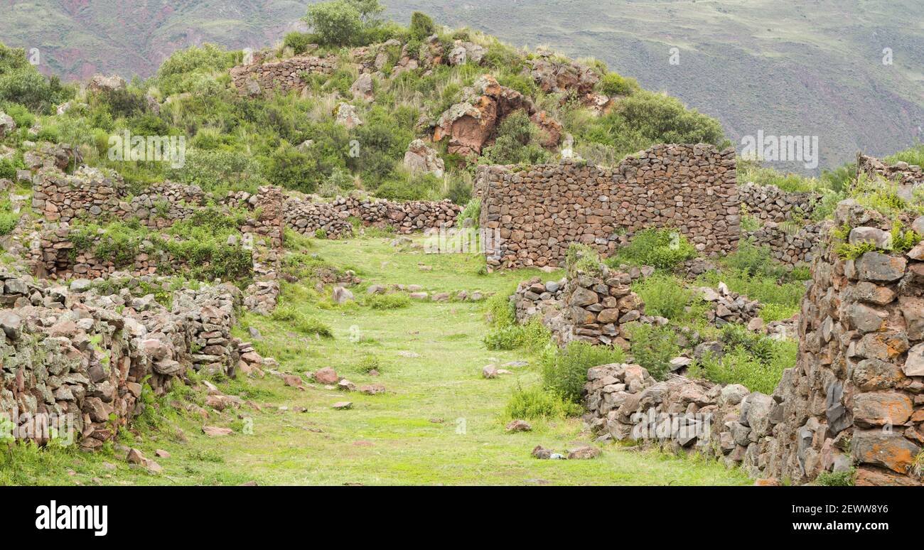 Pikillaqta archaeological site complex street in ruins in Cusco, Peru Stock Photo