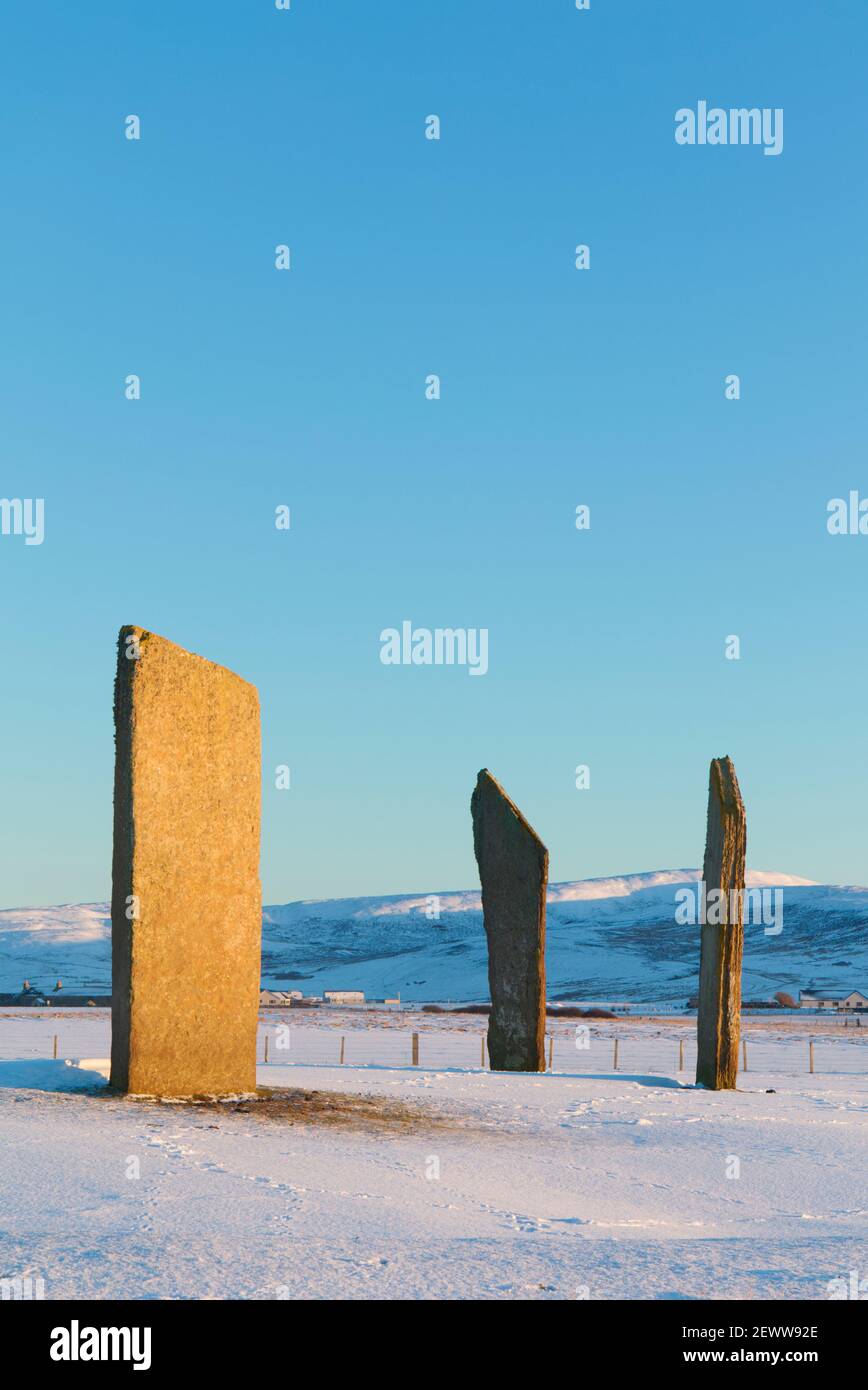 Neolithic standing stones of Stenness, Orkney Isles Stock Photo