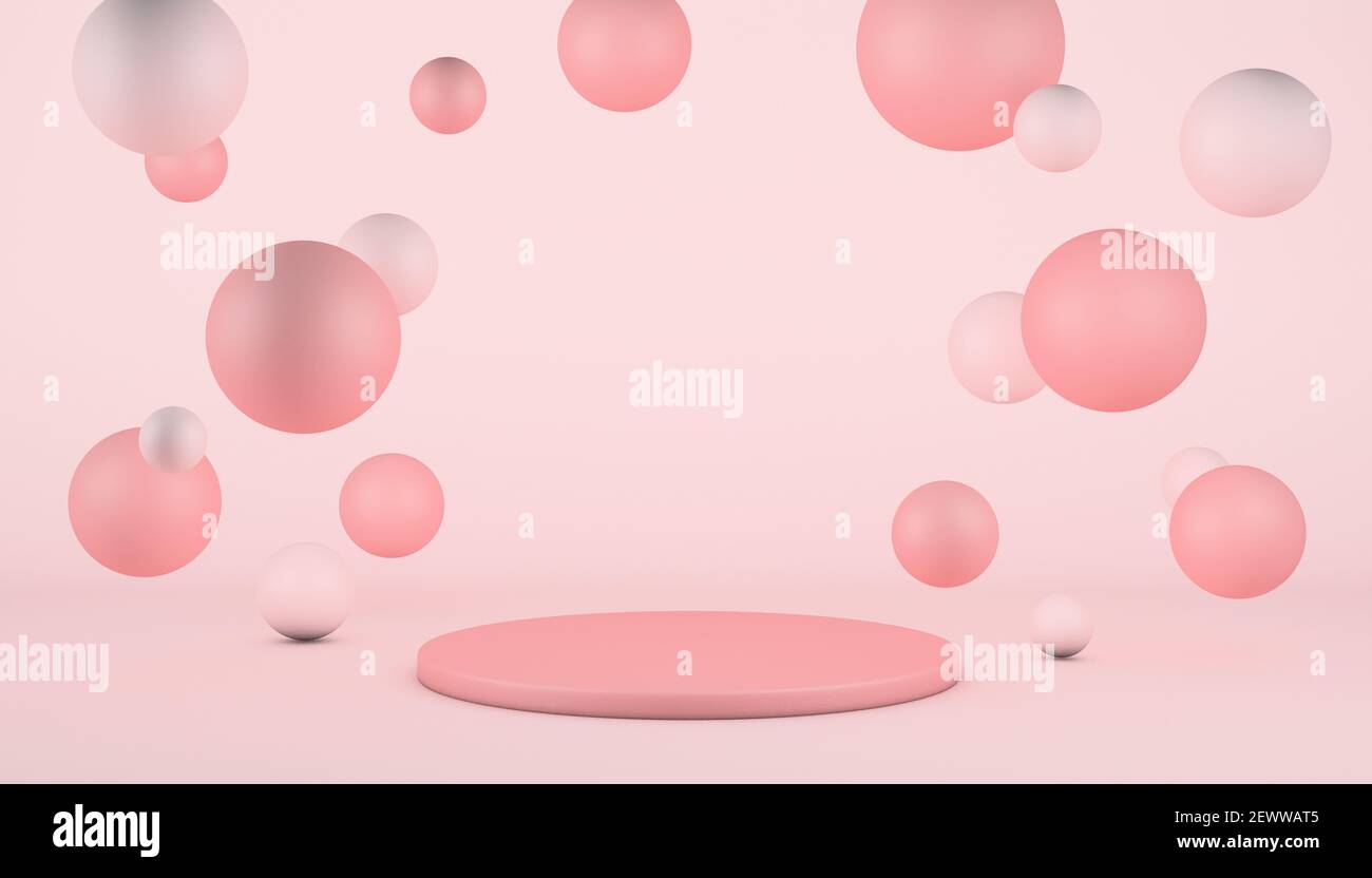 A 3D rendering of pink floaty balls with copy space on a white ...