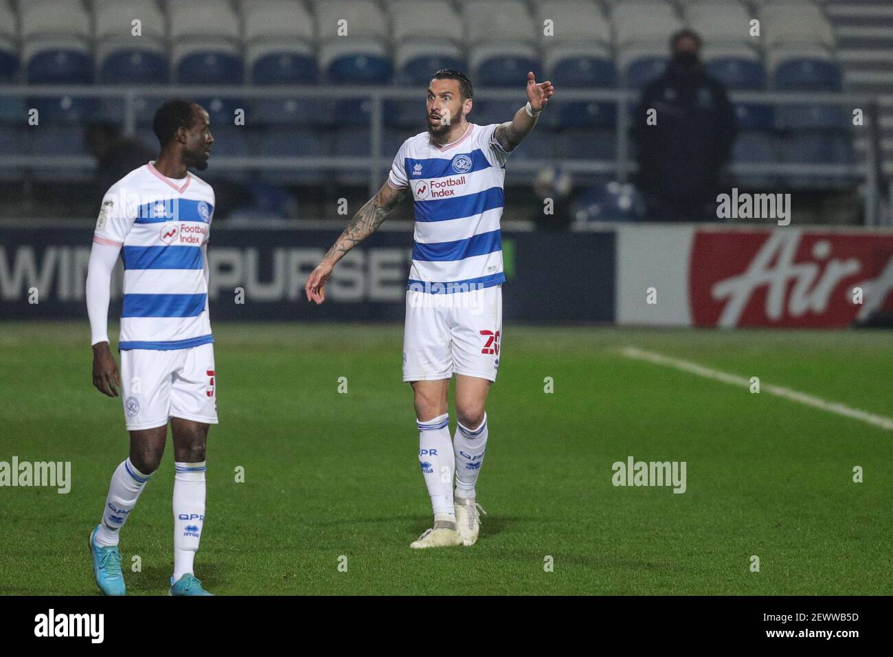 LONDON, ENGLAND. MARCH 3RD. QPRs Geoff Cameron appeals to the ref during the Sky Bet Championship match between Queens Park Rangers and Barnsley at Loftus Road Stadium, London on Wednesday 3rd March 2021. (Credit: Ian Randall | MI News) Credit: MI News & Sport /Alamy Live News Stock Photo