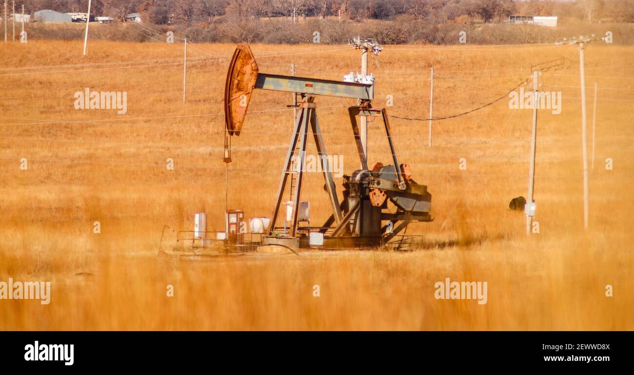 Rusty gas - oil pumpjack in an orange winter field full of electric poles with blurred grass in the foreground Stock Photo