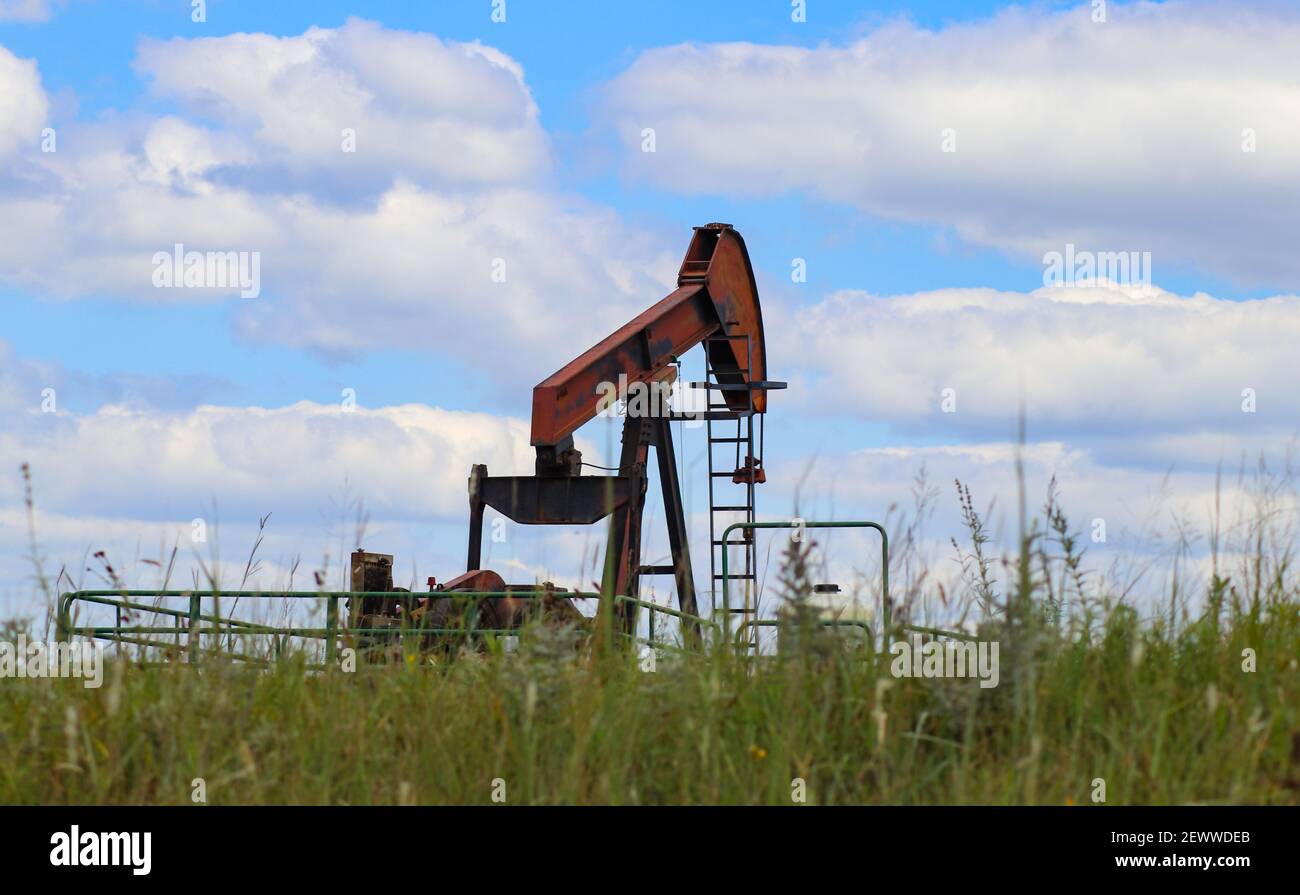 Orange working pump jack on oil or gas well on horizon of green field with jug of chemicals sitting beside it and grass and wild flowers blurred in th Stock Photo