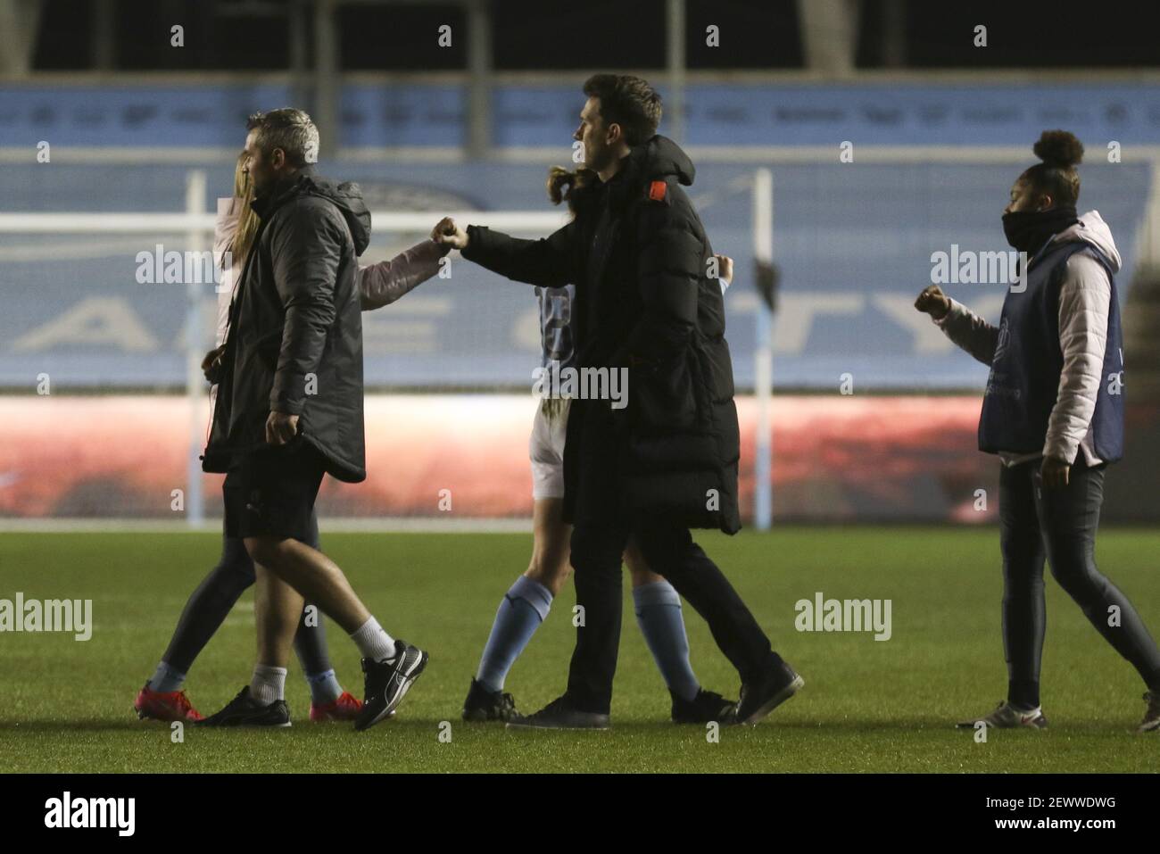 Manchester, UK. 03rd Mar, 2021. Gareth Taylor (Manchester City manager) fist pumping his players during the UEFA Women's Champions League round of 16 match between Manchester City and Fiorentina at the Academy Stadium, Manchester, UK. Credit: SPP Sport Press Photo. /Alamy Live News Stock Photo