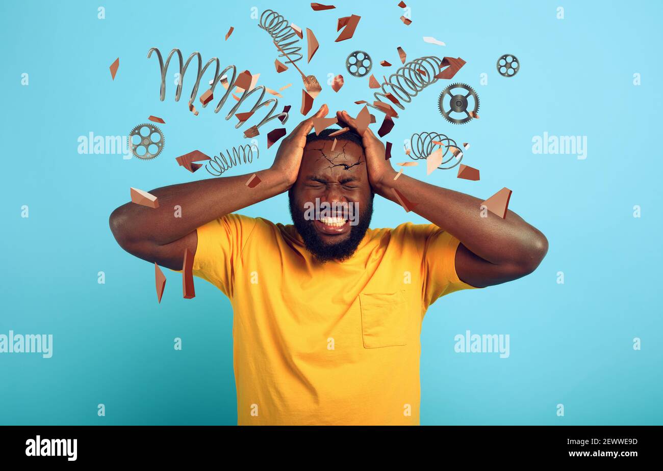 Boy with stressed and exhausted expression is desperate. cyan background Stock Photo