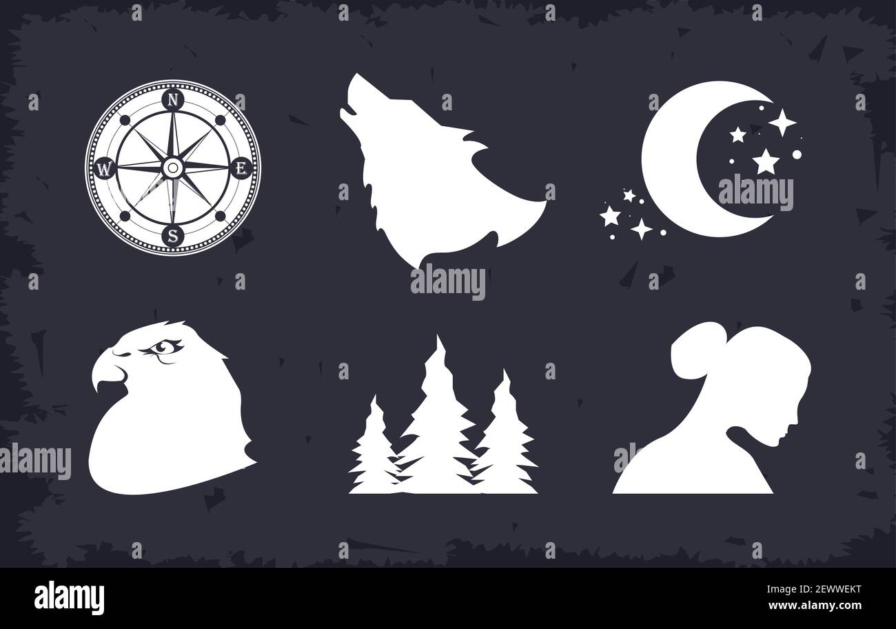 double exposure set six icons Stock Vector