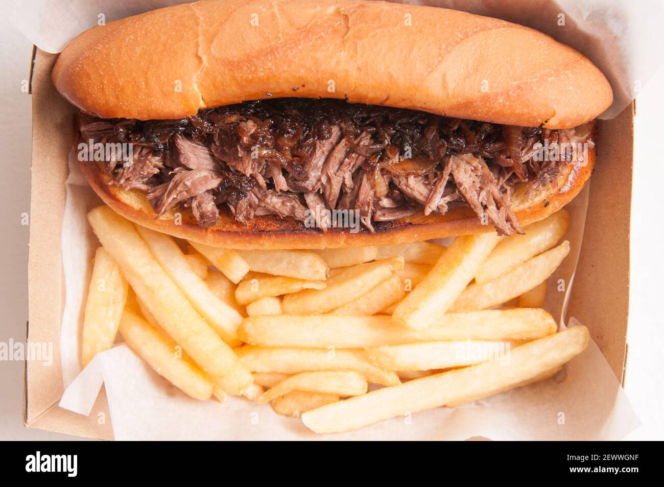 classic french dip au jus or beef dip with fries and sauteed onions