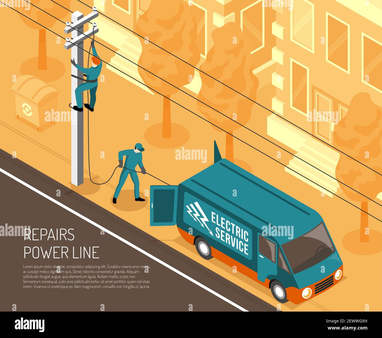 Isometric electrician background with view of city street and power line being repaired by two linemen vector illustration Stock Vector