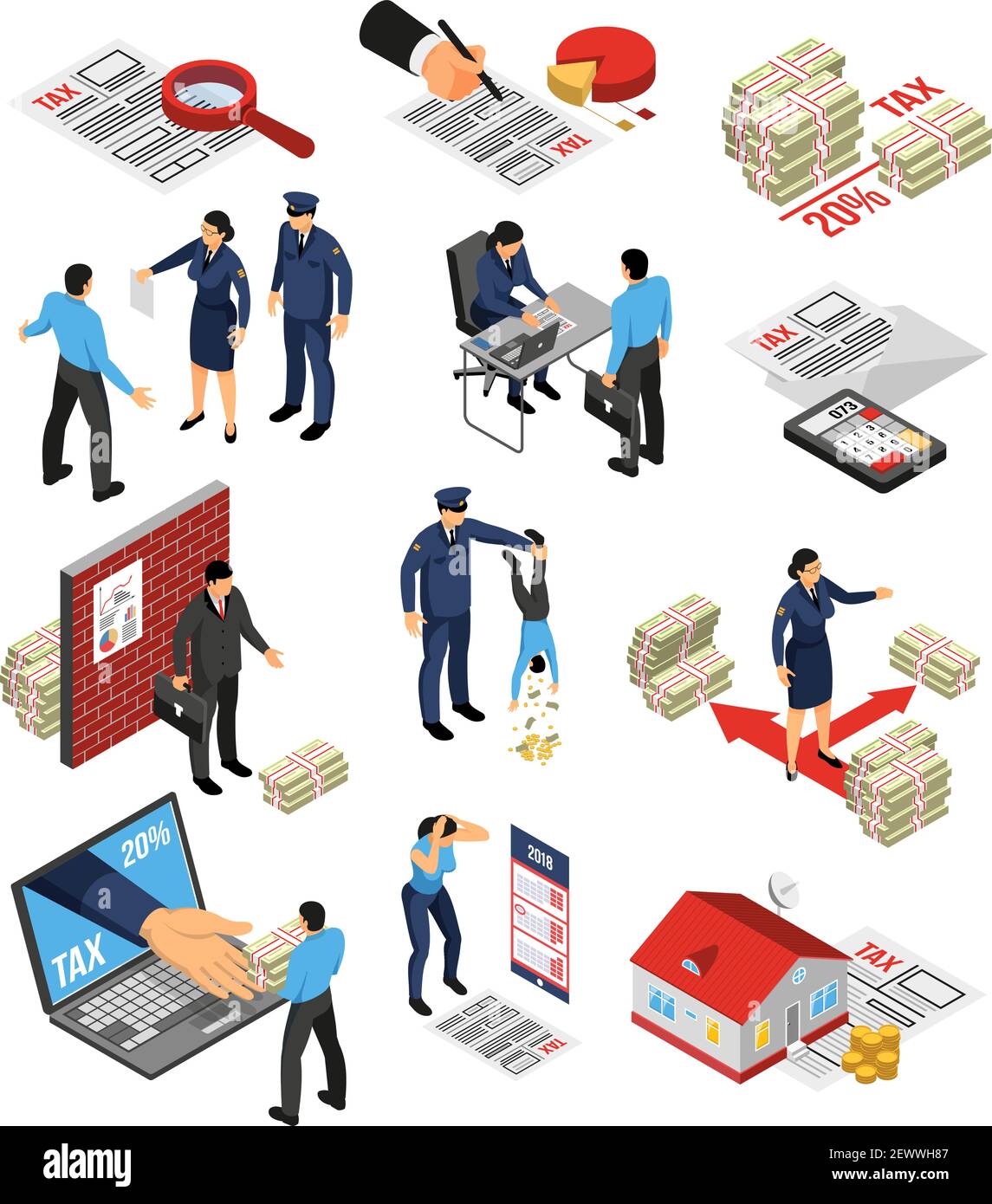 Isometric tax inspector auditor set with isolated icons and images of ...