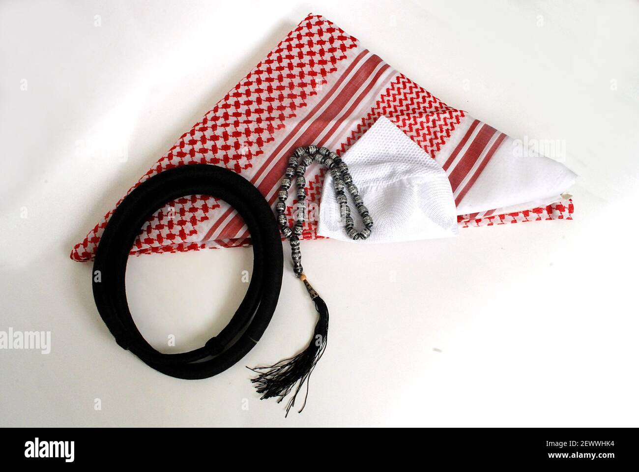 Arabic traditional clothing accessories called, Shemagh,Agal,White islamic cap and rosary
