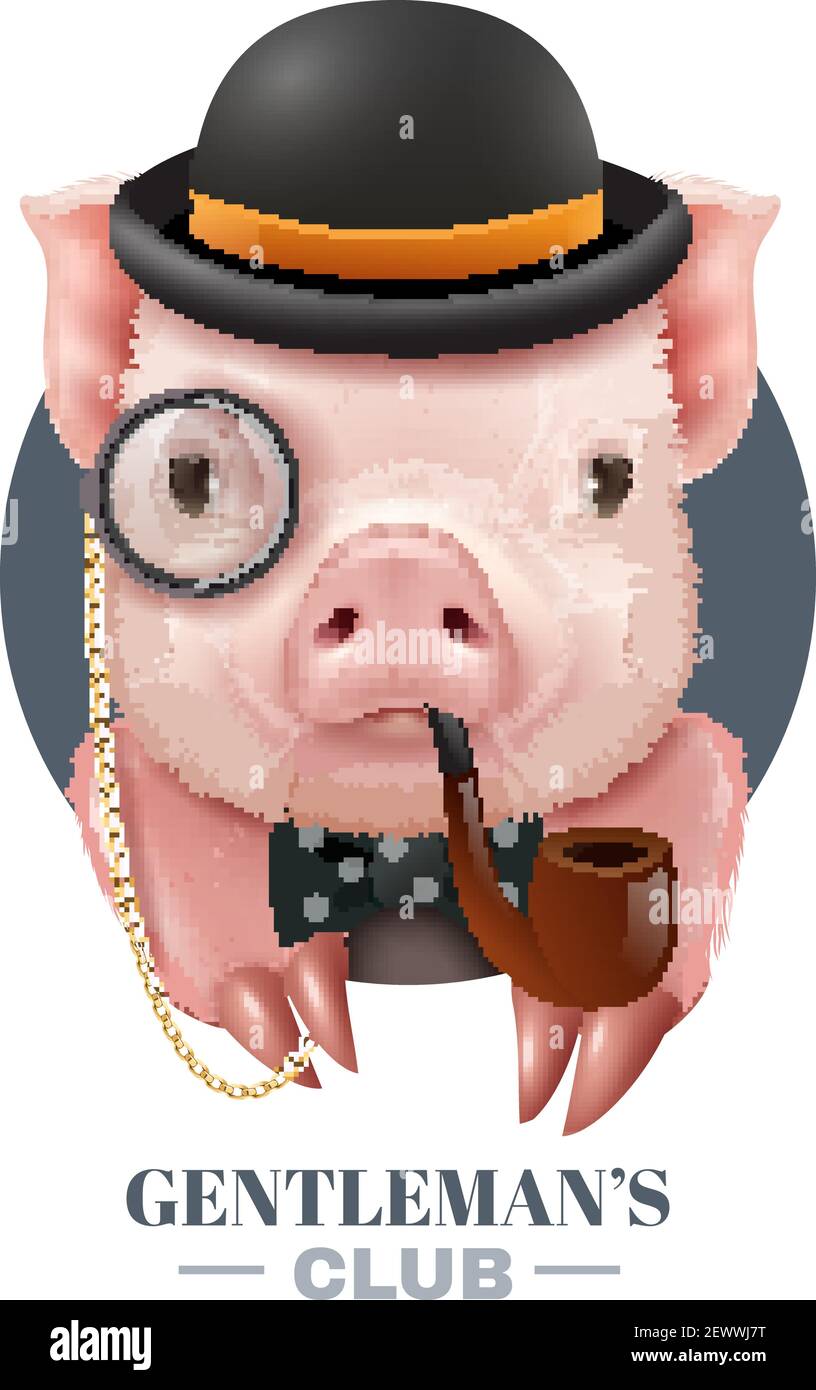 Gentlemans club vector illustration with realistic portrait of pig in bowler hat with smoking pipe and bow tie Stock Vector