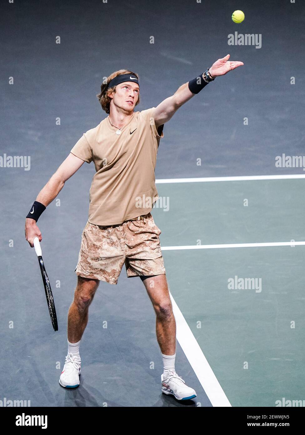 ROTTERDAM, NETHERLANDS - MARCH 3:03-03-2021: Tennis: ABN-AMRO Tennis  Tournament: Rotterdam Andrey Rublev of Russia during his match against Andy  Murray of Great Britain in the 48th ABN AMRO World Tennis Tournament at
