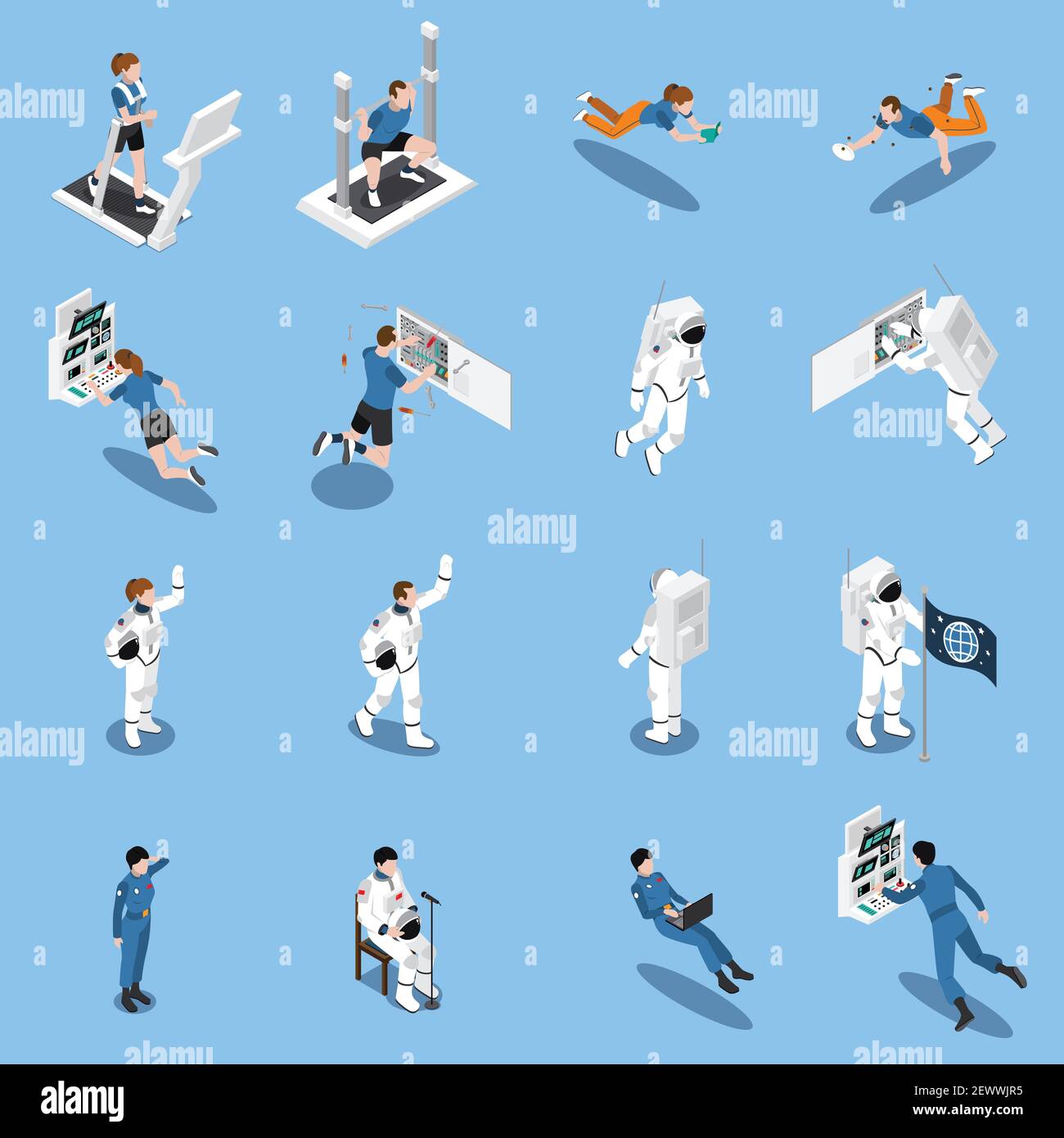 Astronaut cosmonaut taikonaut isometric icons set of sixteen isolated icons of testers and real candidates vector illustration Stock Vector