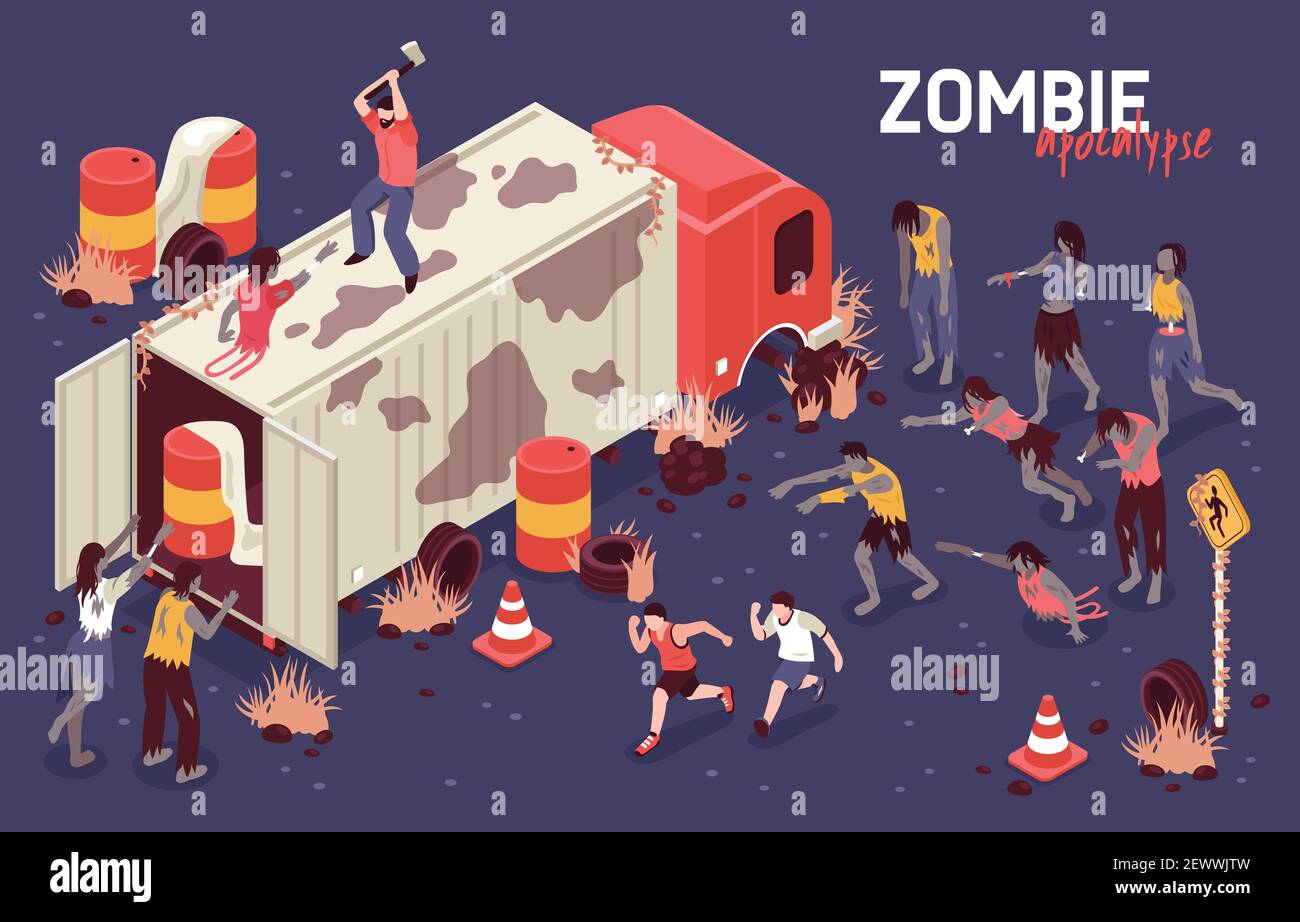 Isometric zombie apocalypse horizontal background composition with