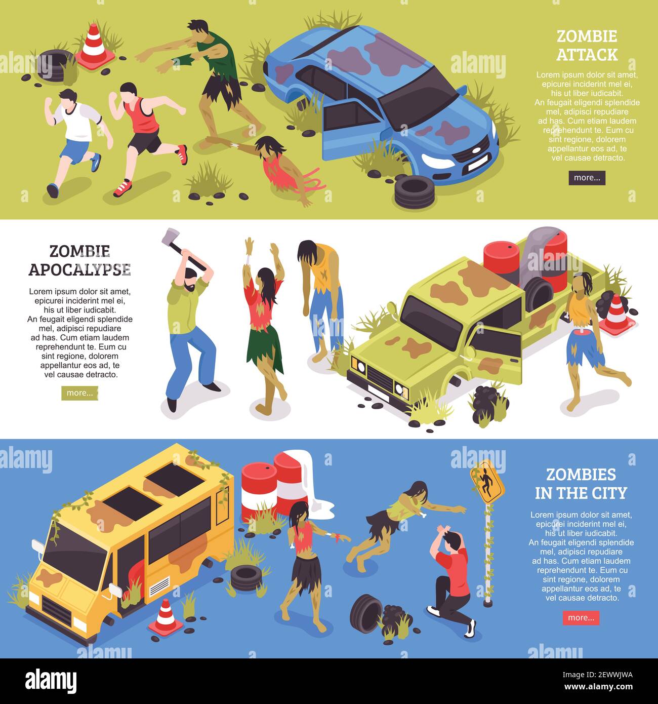 Isometric zombie apocalypse set of three horizontal banners with scary scenes zombie characters and editable text vector illustration Stock Vector