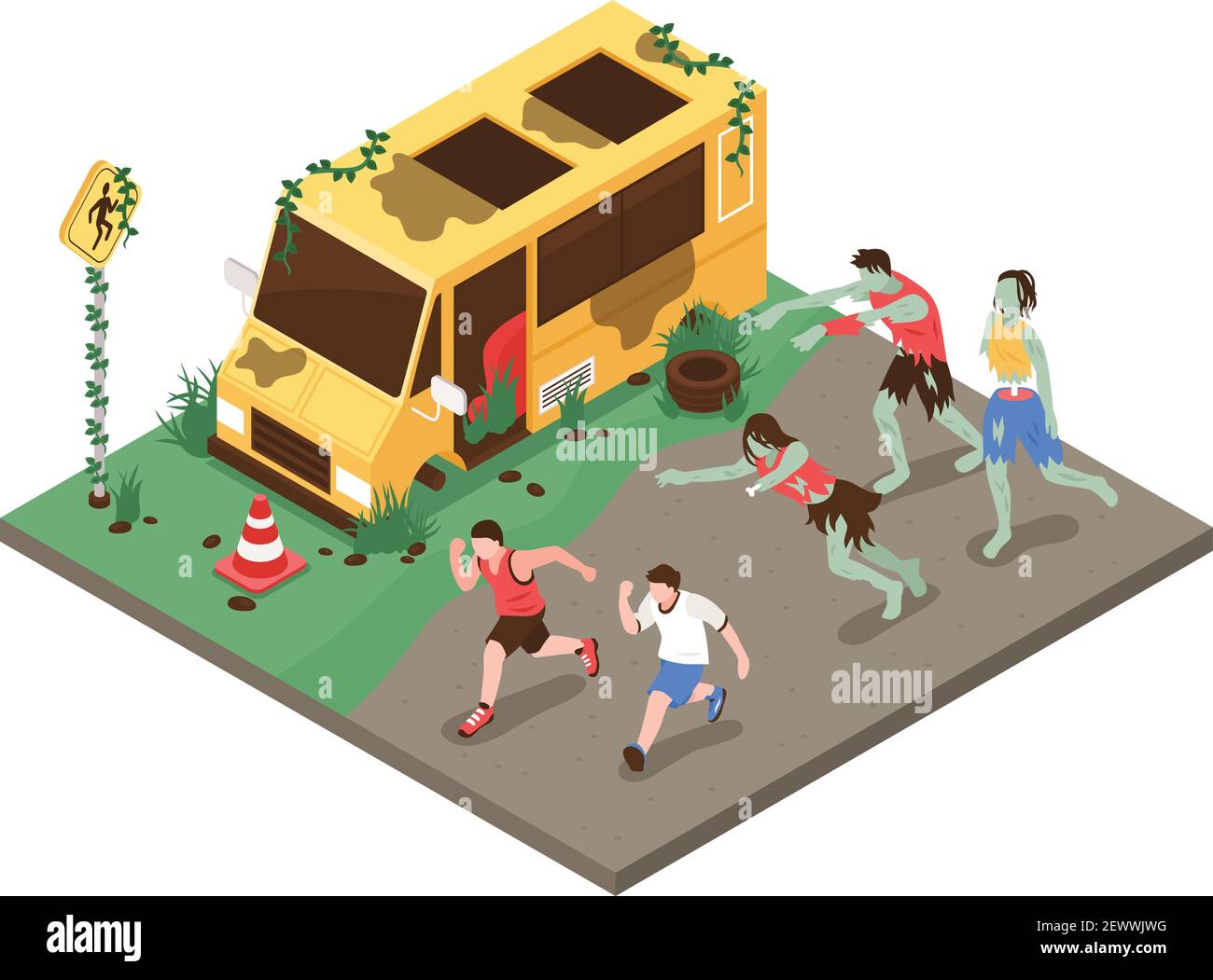 Isometric zombie apocalypse composition with group of zombies pursueing healthy people in front of broken car vector illustration Stock Vector