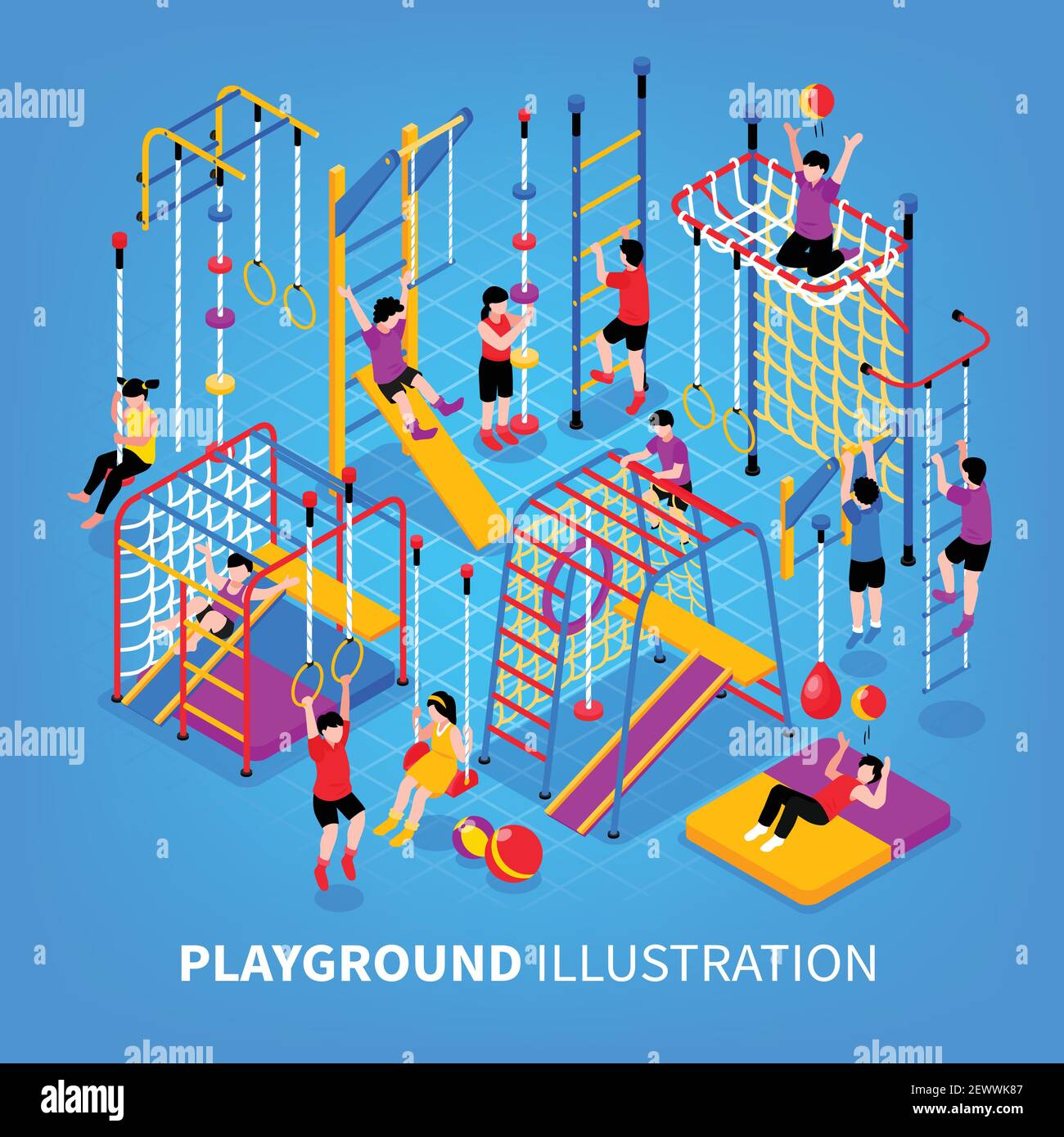 Children sport complex background composition with text and stationery gymnastic apparatus with