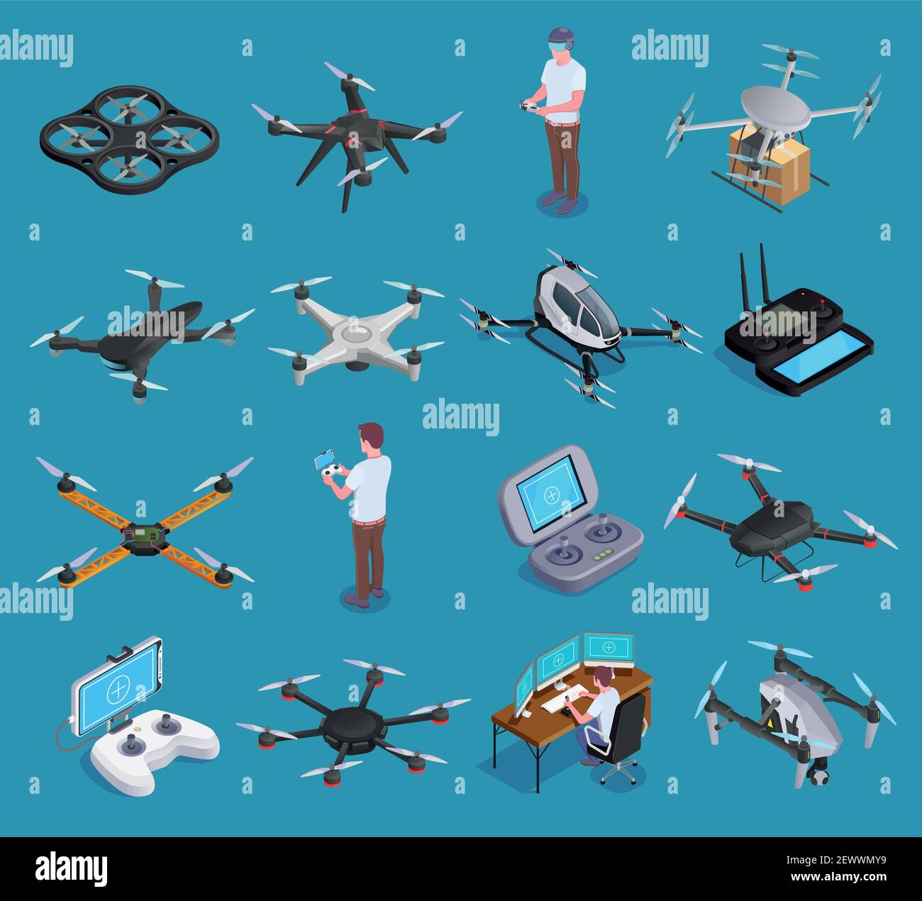 Drones quadrocopters hexacopters air transportation delivery surveillance with virtual reality remote controllers isometric set isolated vector illust Stock Vector
