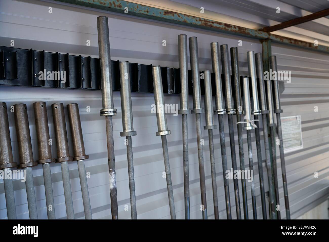 Group of olympic weightlifting bars Stock Photo