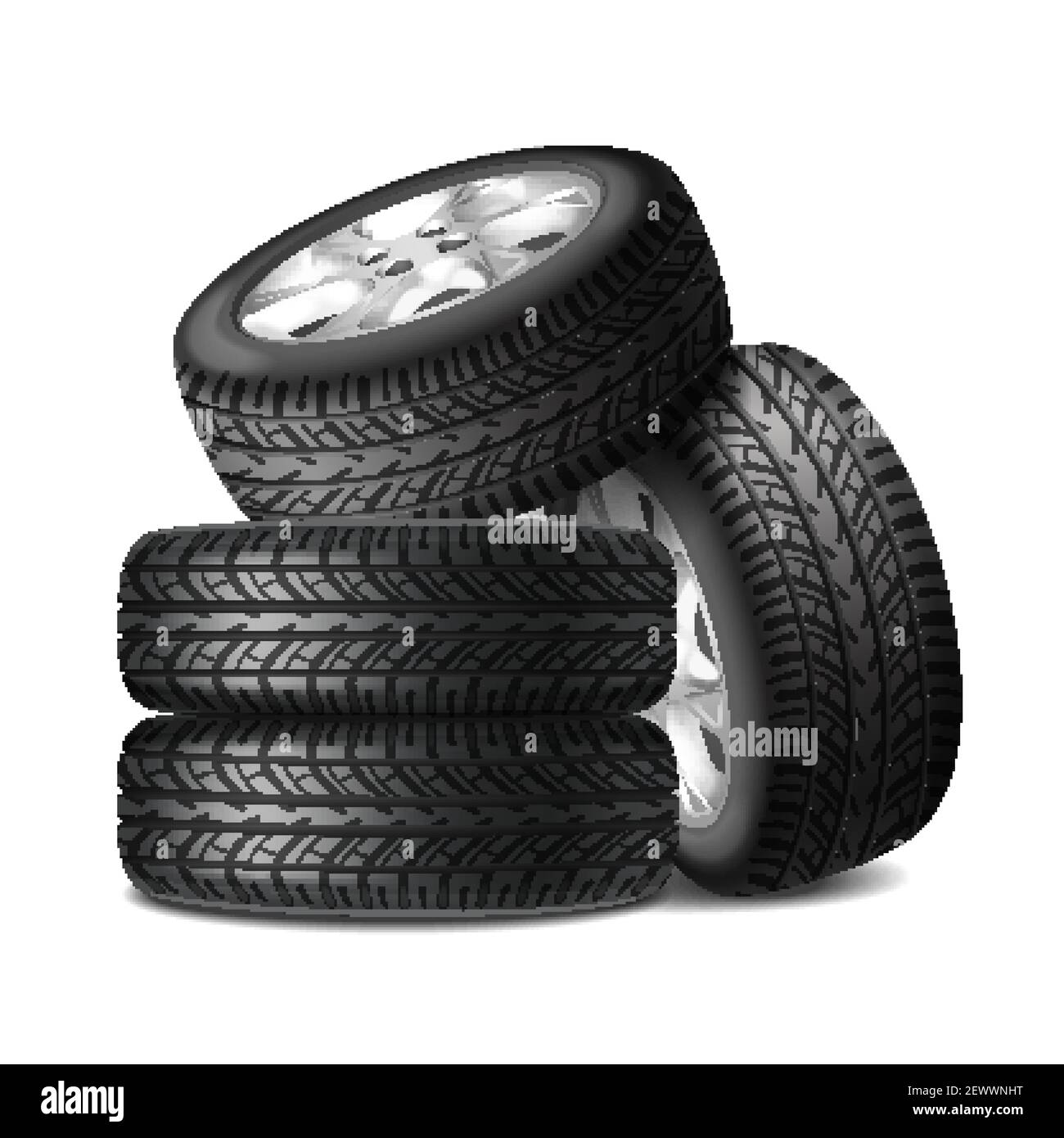 Complete set of car wheels with alloy rims and new tires realistic