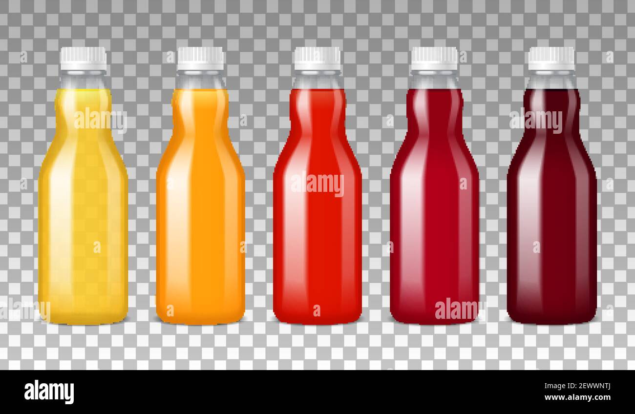 Colorful glass bottles filled with vegetables and fruits juice on