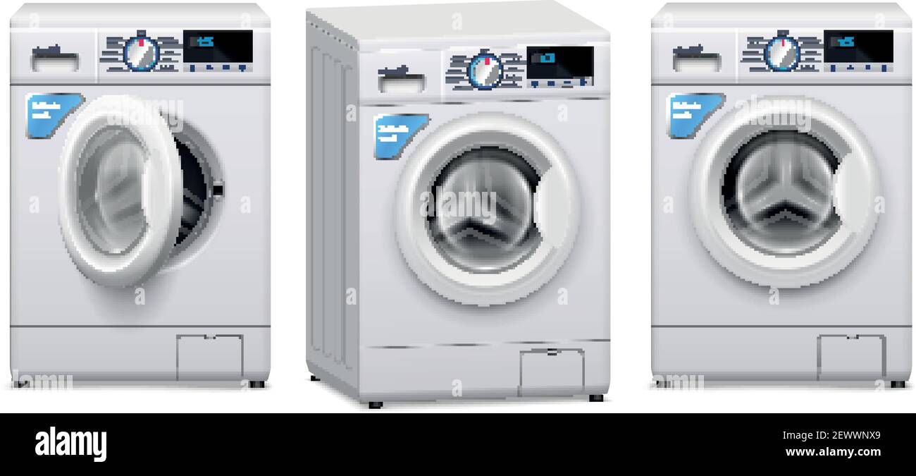 Realistic set of three washing machines with open and closed front door