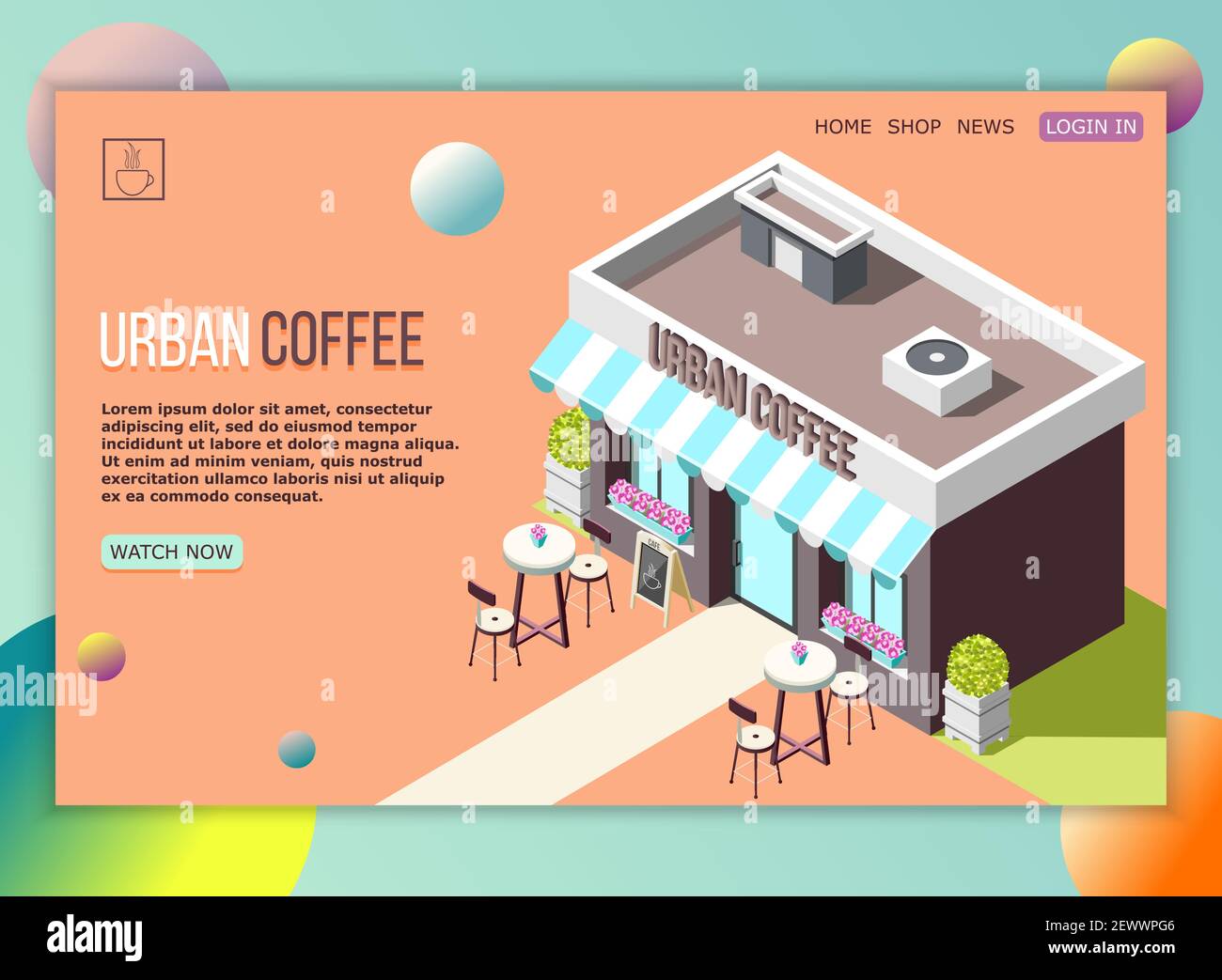 Isometric landing page with street coffee cafe exterior and text field 3d vector illustration Stock Vector