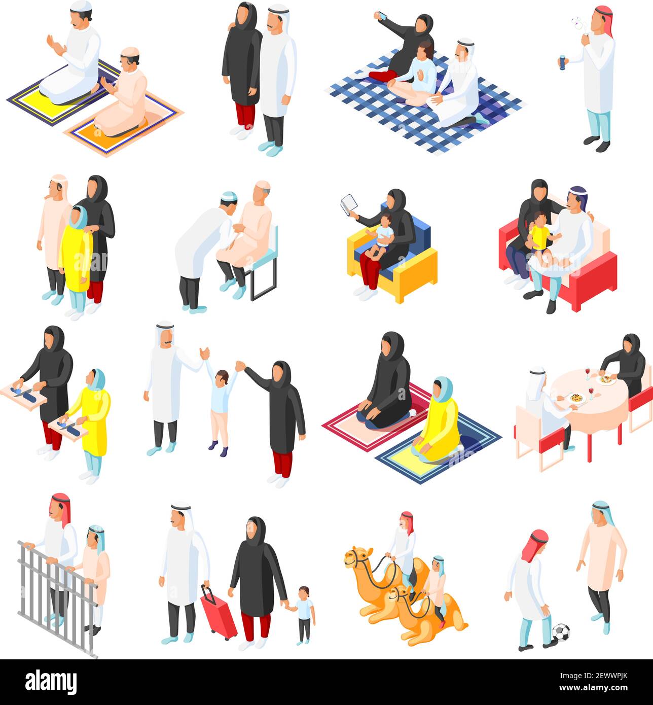 Isometric icons set with arabic families and their children in different situations isolated on white background 3d vector illustration Stock Vector