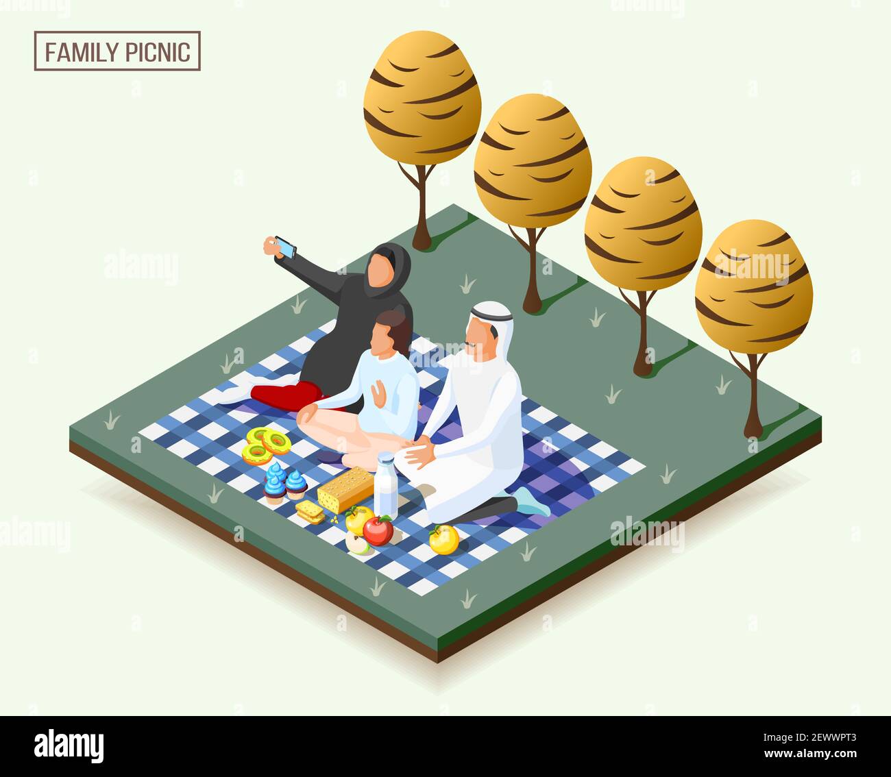 Arabic family having picnic and taking photos isometric composition 3d ...