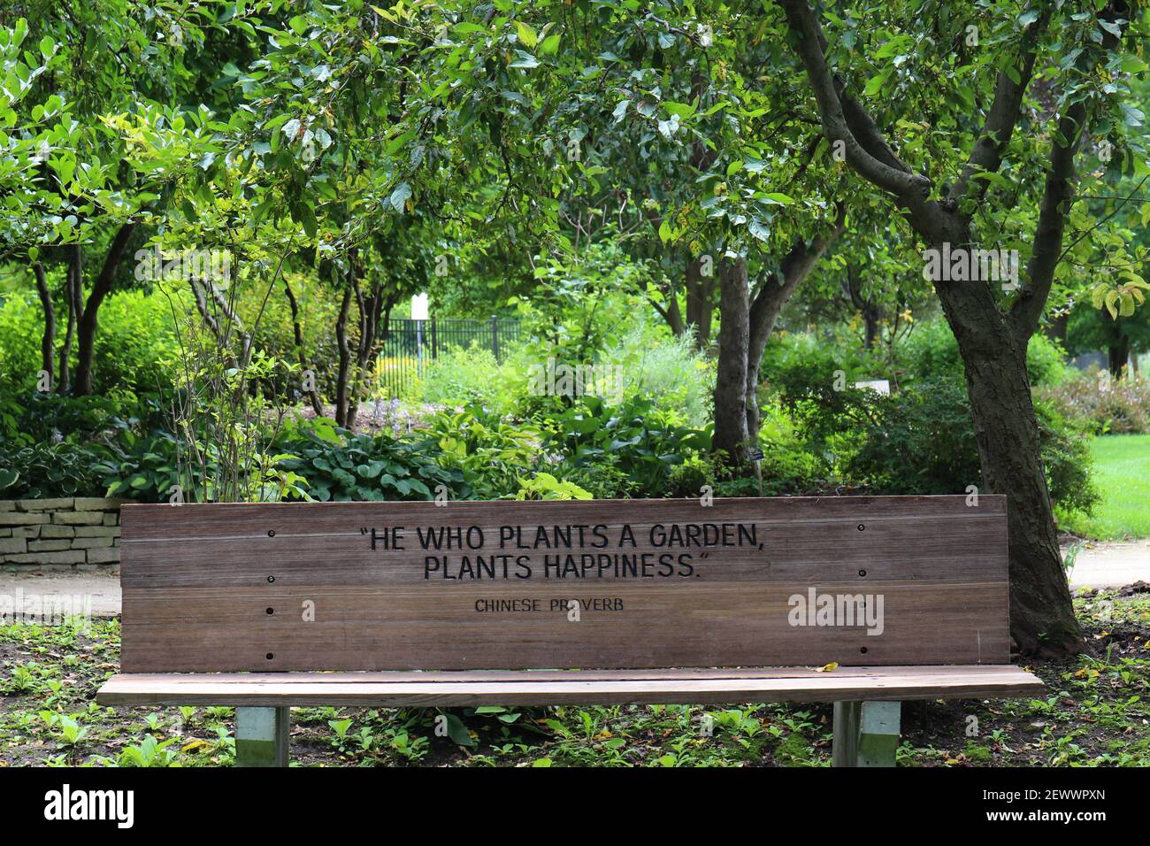 An engraved wood park bench with a Chinese Proverb  front of a shade garden  with trees and plants in a park in Wisconsin, USA Stock Photo